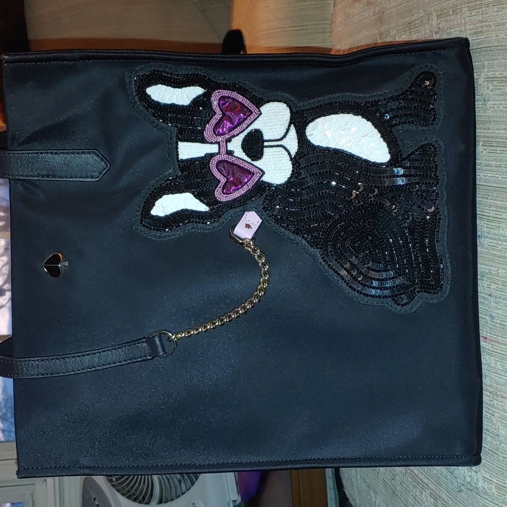 Kate Spade Francois Bulldog Dog Frenchie Black Bag w matching earrings/necklace